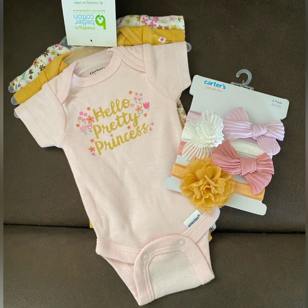 💜2/$15 NWT Gerber Pink Baby Onesies 3-Pack with Carters bows gift set |Preemie